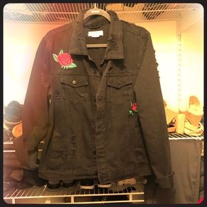 Black denim jacket with red roses